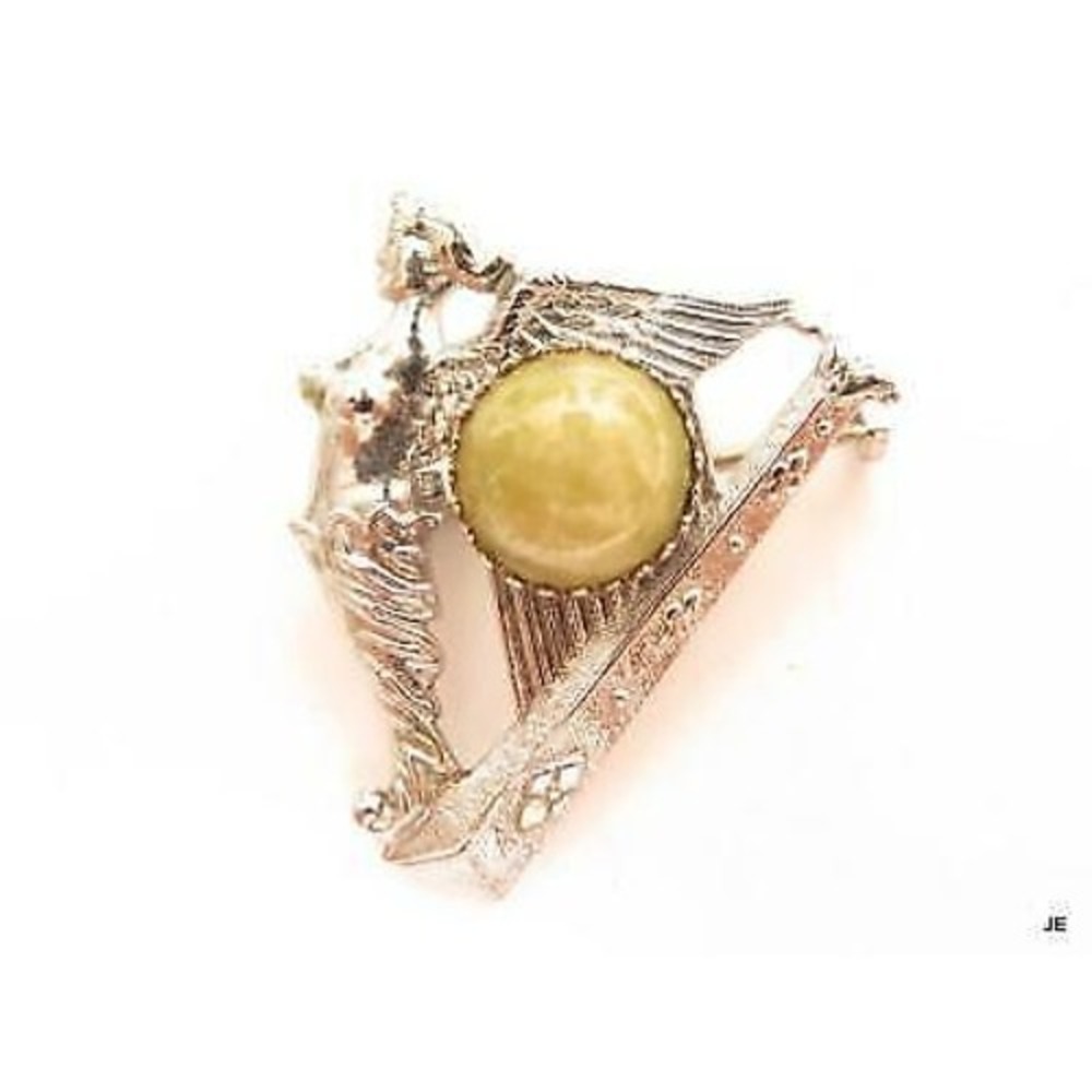 Vintage Art Deco Silver Plated Jeweled Green Cabochon Harp Angel Pin Brooch‎